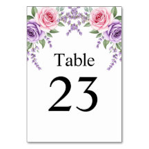 Pink Rose Lavender Floral Wedding Table Number Car