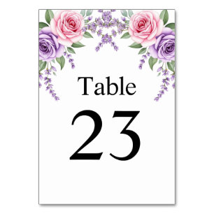 Pink Rose Lavender Floral Wedding Table Number Car