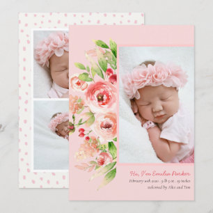 Pink Rose Lavender Modern Elegant Floral Birth Announcement
