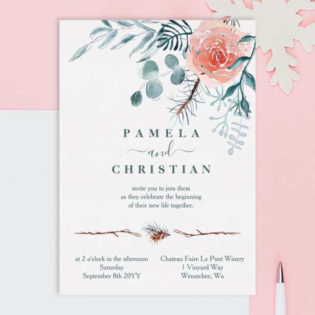 Pink Rose, Light Green Winter Leaves Wedding (eucalyptus green watercolor winter pink rose pinecones silver foil wedding invitations)
