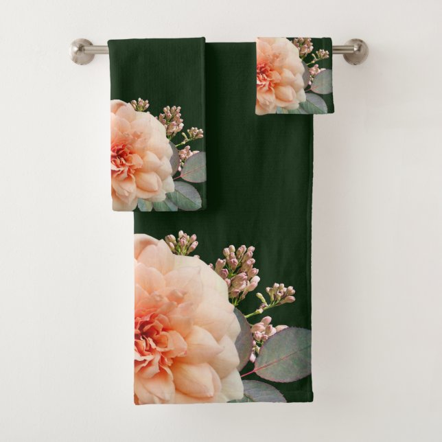Pink Rose Lilac Buds On Dark Green Background Bath Towel Set (Insitu)
