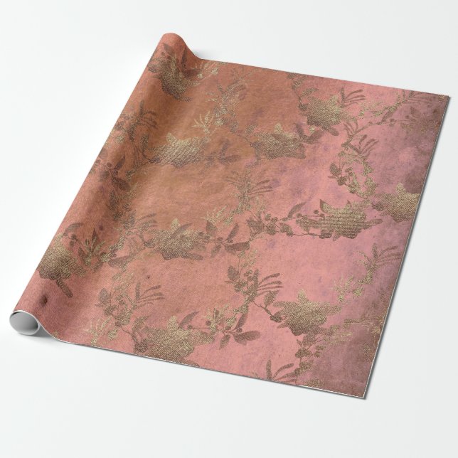 Pink Rose Lilac Grungy Old Gold Wreath Metallic Wrapping Paper (Unrolled)