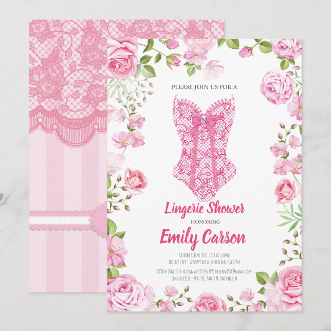 Pink rose lingerie shower. Elegant bridal party Invitation (Front/Back)