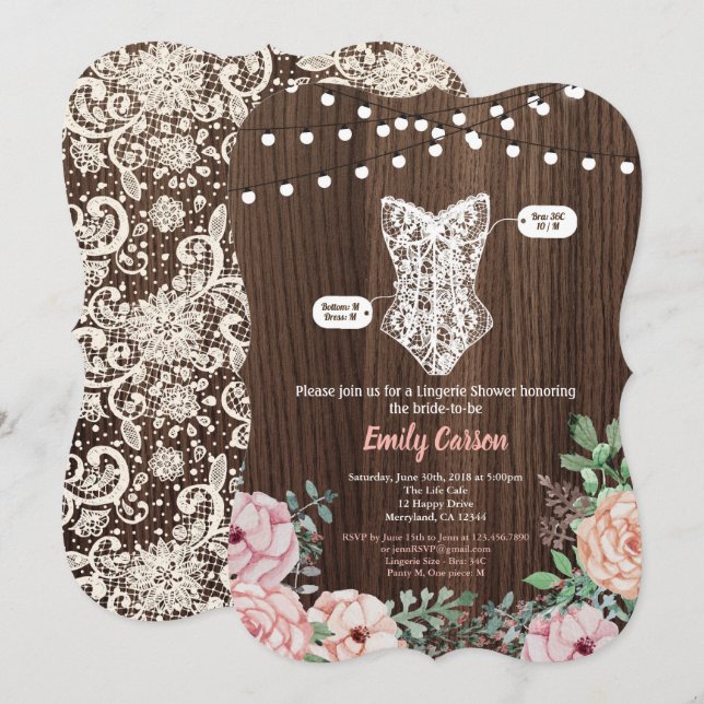 Pink Rose lingerie shower invitation rustic wood (Front/Back)