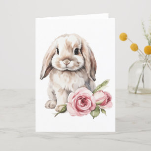 Pink rose Lop Eared Bunny Rabbit Thank You Card