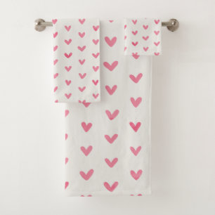 Pink Rose Love Hearts Pattern on Offwhite Bath Towel Set