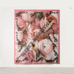 Pink Rose Merry Christmas Tapestry