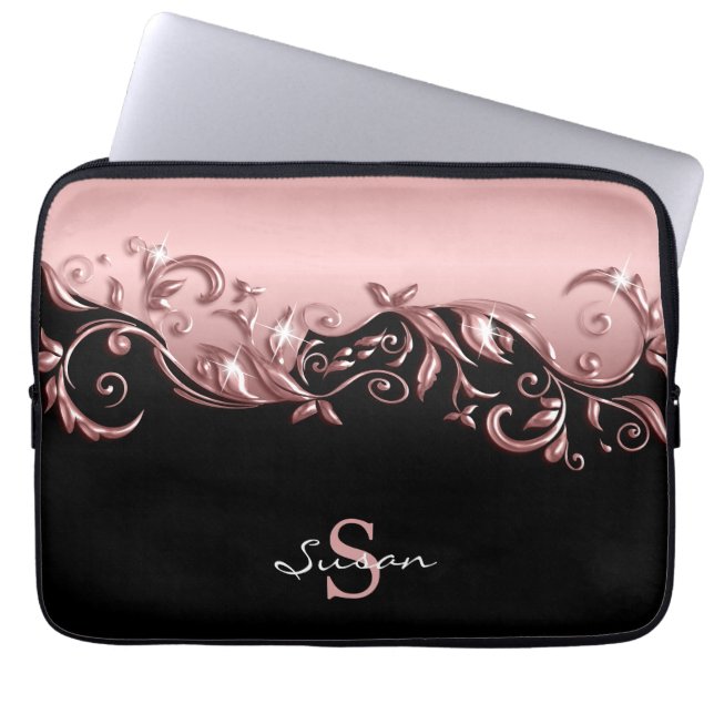 Pink Rose Metallic Floral on Black  Laptop Sleeve (Front)
