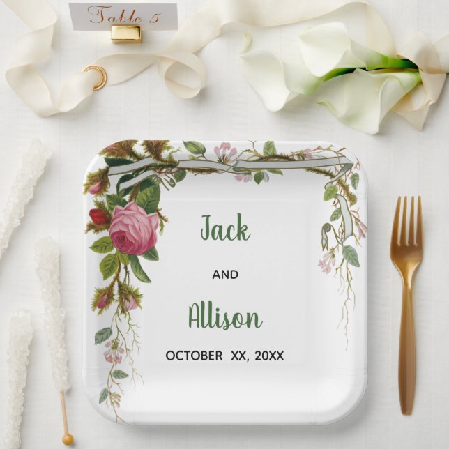 Pink Rose Minimalist Floral Green Leaf Paper Plate (Wedding)