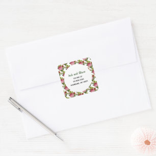 Pink Rose Minimalist Floral Green Leaf Square Sticker