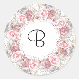 Pink Rose Monogram Classic Round Sticker