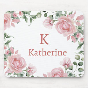 Pink Rose Monogram Name Mouse Mat