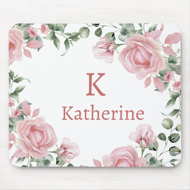 Pink Rose Monogram Name Mouse Mat (Front)