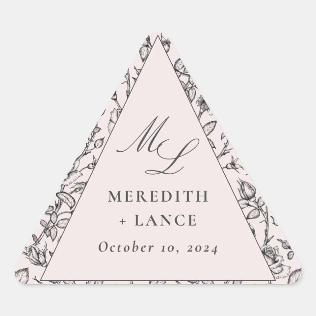 Pink Rose Monogram Wedding Triangle Sticker Labels (Front)