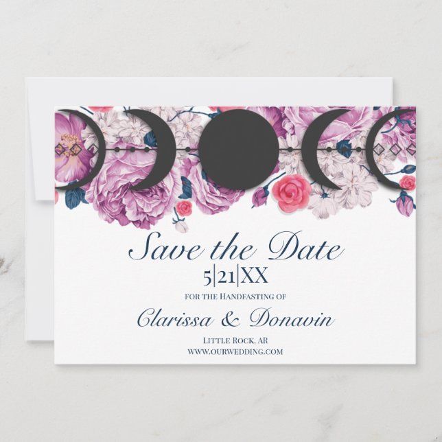 Pink Rose Moon Phase Wiccan Handfasting Save The Date (Front)