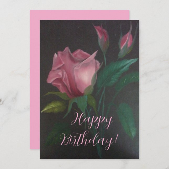 Pink Rose n Rosebuds Flat Greeting Card (Front/Back)