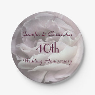 Pink Rose, Name, 40th Wedding Anniversary Floral Paper Plate