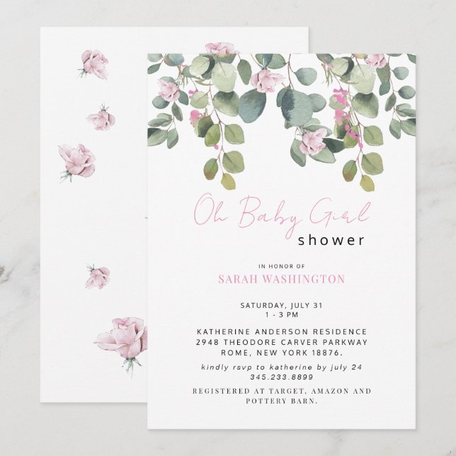  Pink Rose Oh  Baby Girl Shower Invitation (Front/Back)