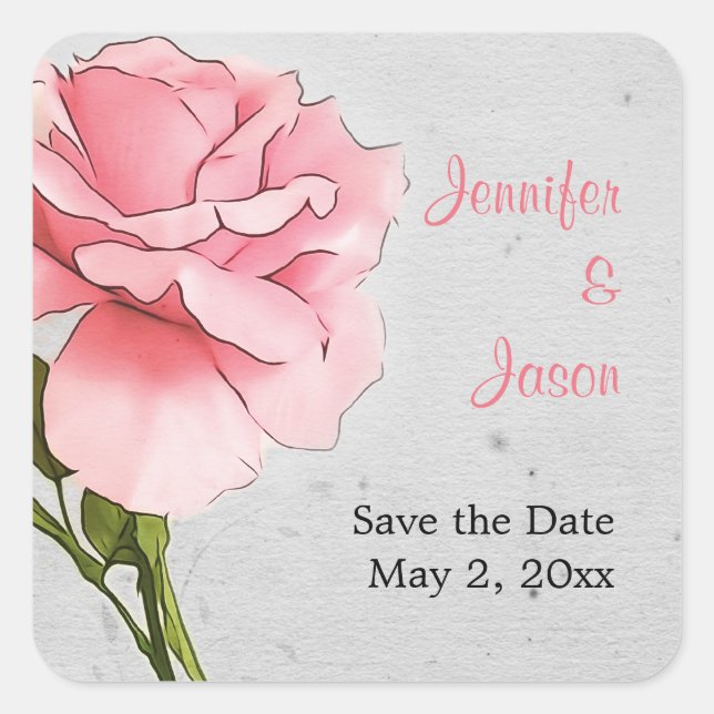 Pink Rose on Grey Save the Date Sticker (Front)