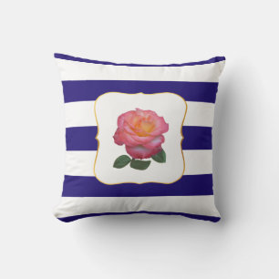 Pink Rose on Navy Blue and White Striped Cushion