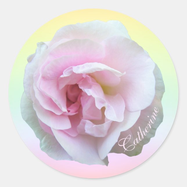 Pink Rose on Pastel Personalised Classic Round Sticker (Front)