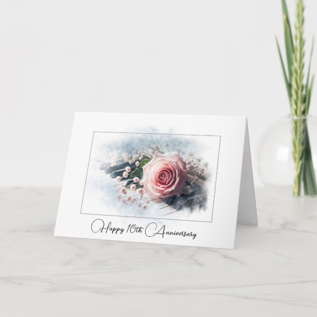 Pink Rose On Piano For 10th Anniversary Card (Front)