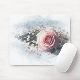 Pink Rose On Piano Keys Mouse Mat