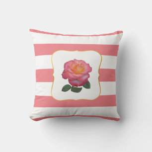 Pink Rose on Pink and White Striped Cushion