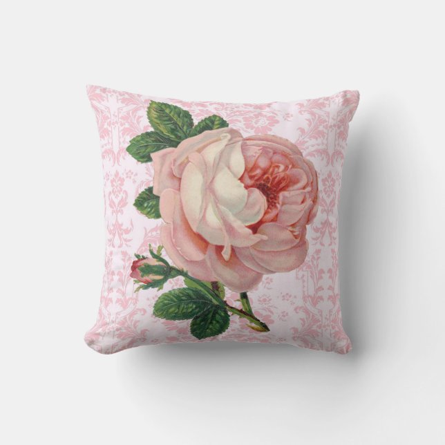 Pink Rose on Pink Elegant Reversible Vintage Cushion (Front)