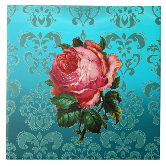 PINK ROSE ON TEAL BLUE DAMASK Floral Tile (Front)