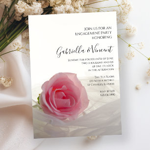 Pink Rose on White Engagement Party Invitation