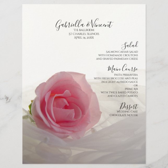 Pink Rose on White Wedding Menu (Front)