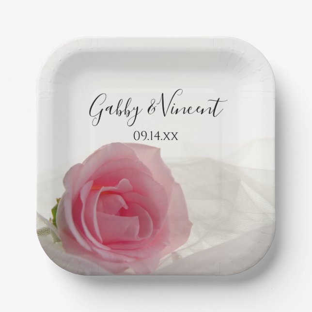 Pink Rose on White Wedding Paper Plate (Front)