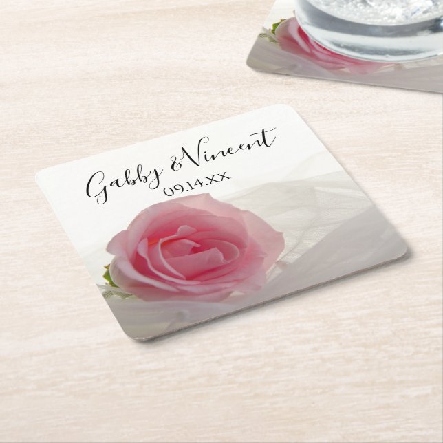 Pink Rose on White Wedding Square Paper Coaster (Angled)