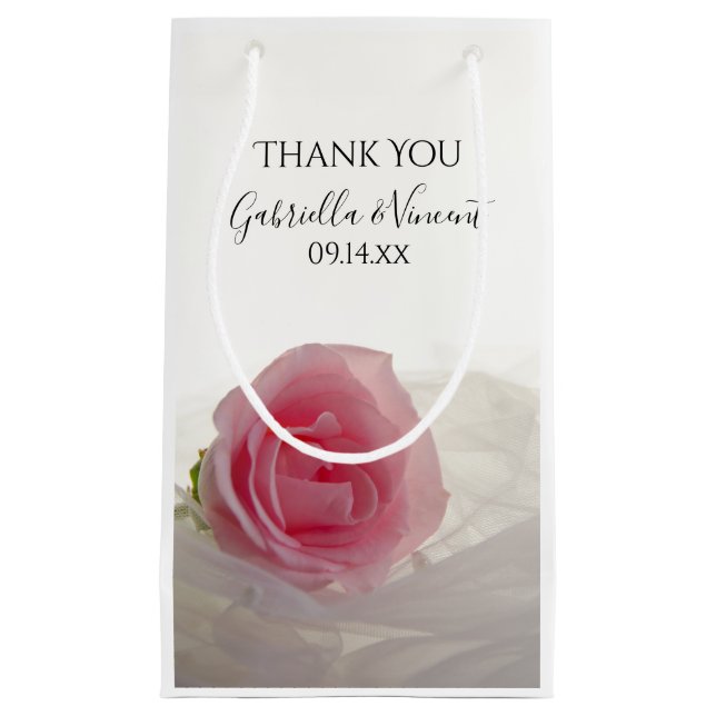 Pink Rose on White Wedding Thank You Small Gift Bag (Front)