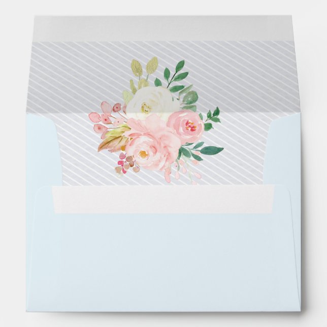 Pink Rose Pastel Blue Floral RSVP Address Wedding Envelope (Back (Bottom))