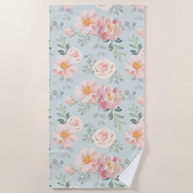Pink Rose Pastel Garden Pattern Beach Towel (Front)