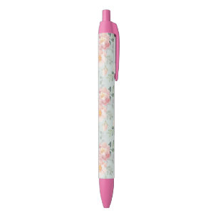 Pink Rose Pastel Garden Pattern Black Ink Pen
