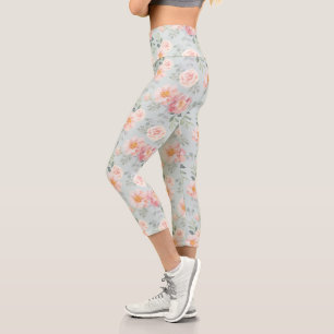 Pink Rose Pastel Garden Pattern Capri Leggings
