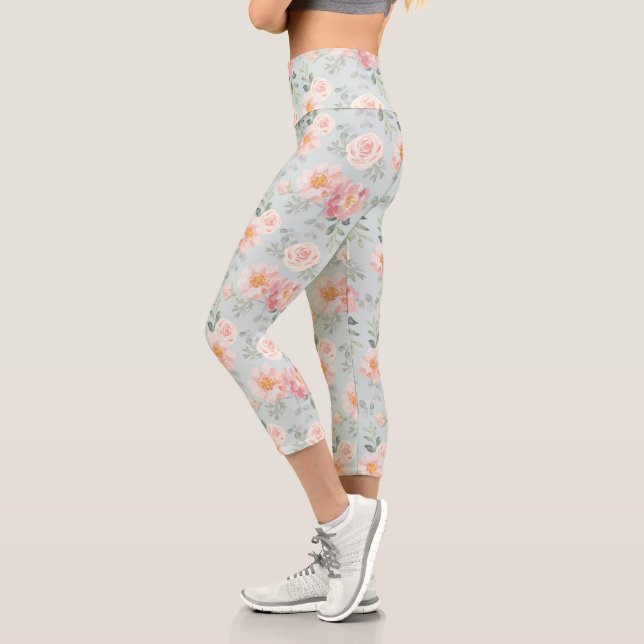 Pink Rose Pastel Garden Pattern Capri Leggings (Left)