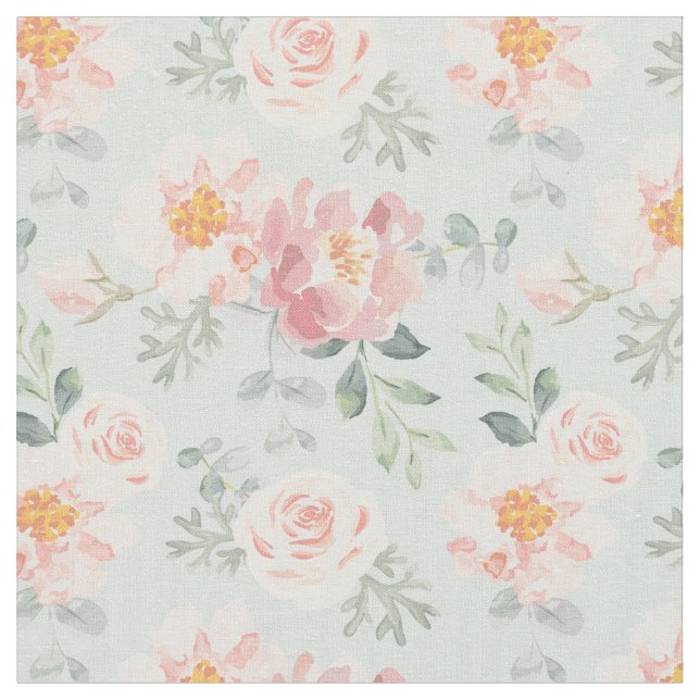 Pink Rose Pastel Garden Pattern Fabric (Close Up)