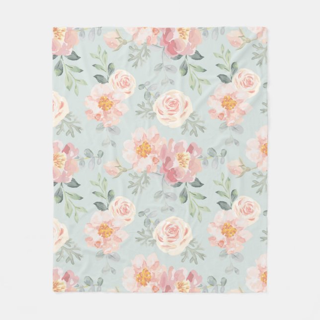 Pink Rose Pastel Garden Pattern Fleece Blanket (Front)