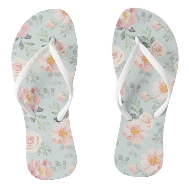 Pink Rose Pastel Garden Pattern Flip Flops (Footbed)