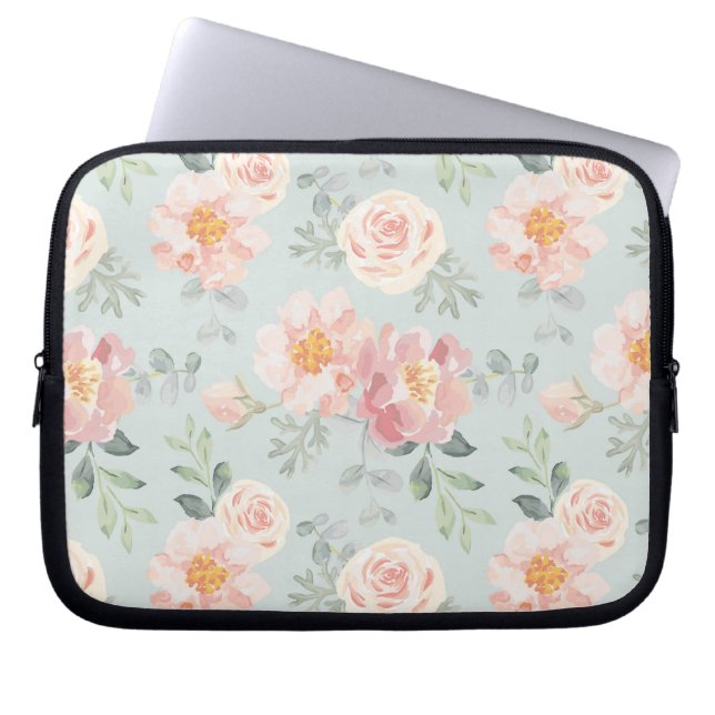 Pink Rose Pastel Garden Pattern Laptop Sleeve (Front)