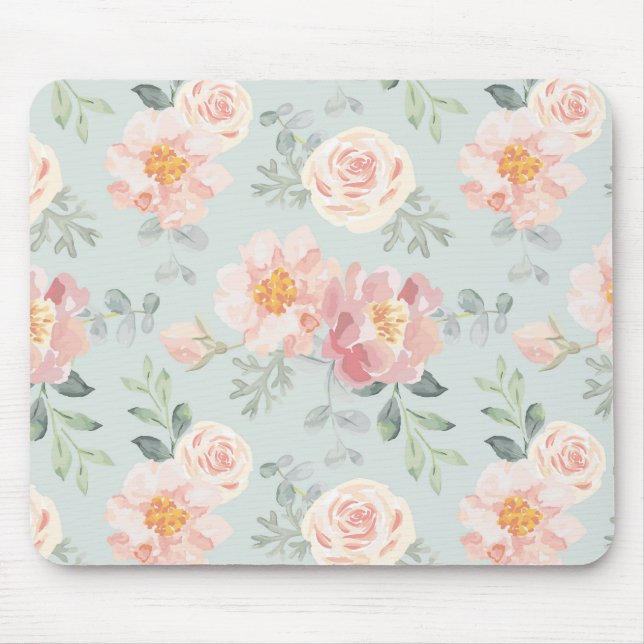 Pink Rose Pastel Garden Pattern Mouse Mat (Front)