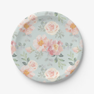 Pink Rose Pastel Garden Pattern Paper Plate
