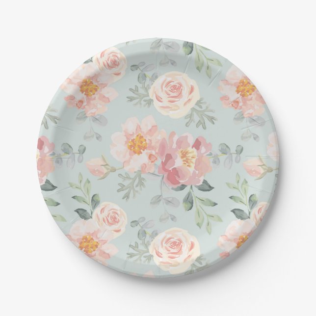 Pink Rose Pastel Garden Pattern Paper Plate (Front)