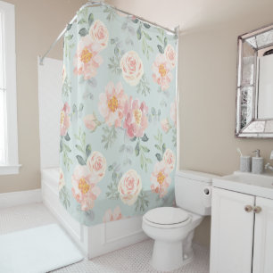 Pink Rose Pastel Garden Pattern Shower Curtain