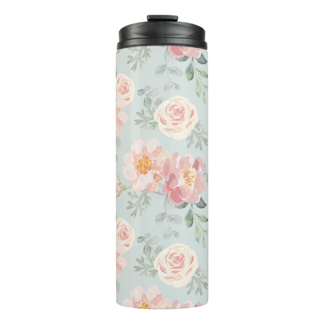 Pink Rose Pastel Garden Pattern Thermal Tumbler (Front)