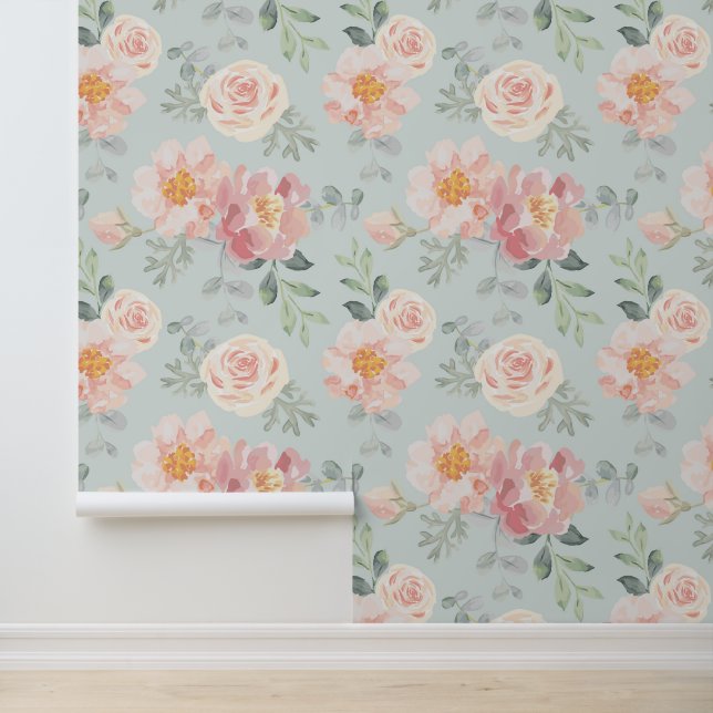 Pink Rose Pastel Garden Pattern Wallpaper (Application)